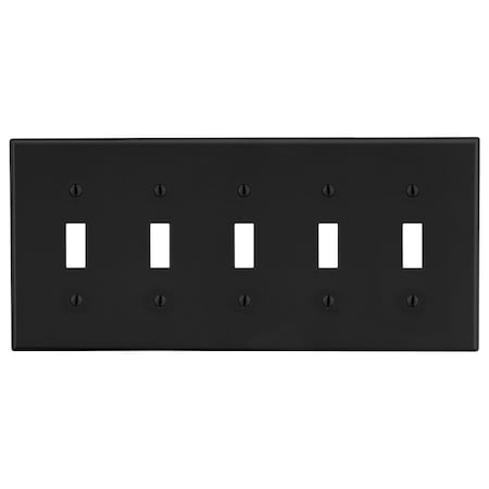 Hubbell Wiring Device-Kellems Wallplate, 5-Gang, 5) Toggle, Black P5BK